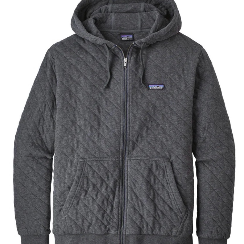 This Patagonia Men's Organic Cotton Quilt Full-Zip Hoodie charcoal gray large